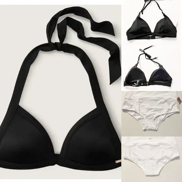 Pink Victoria's Secret Sz XL Black Push Up Bra Swim Top/ White Bottom Set - Picture 1 of 9